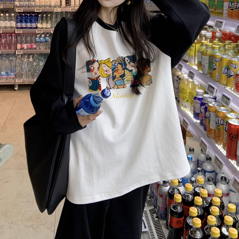 春秋季新款純棉長袖t恤女設計感小眾上衣撞色寬鬆減齡打底衫