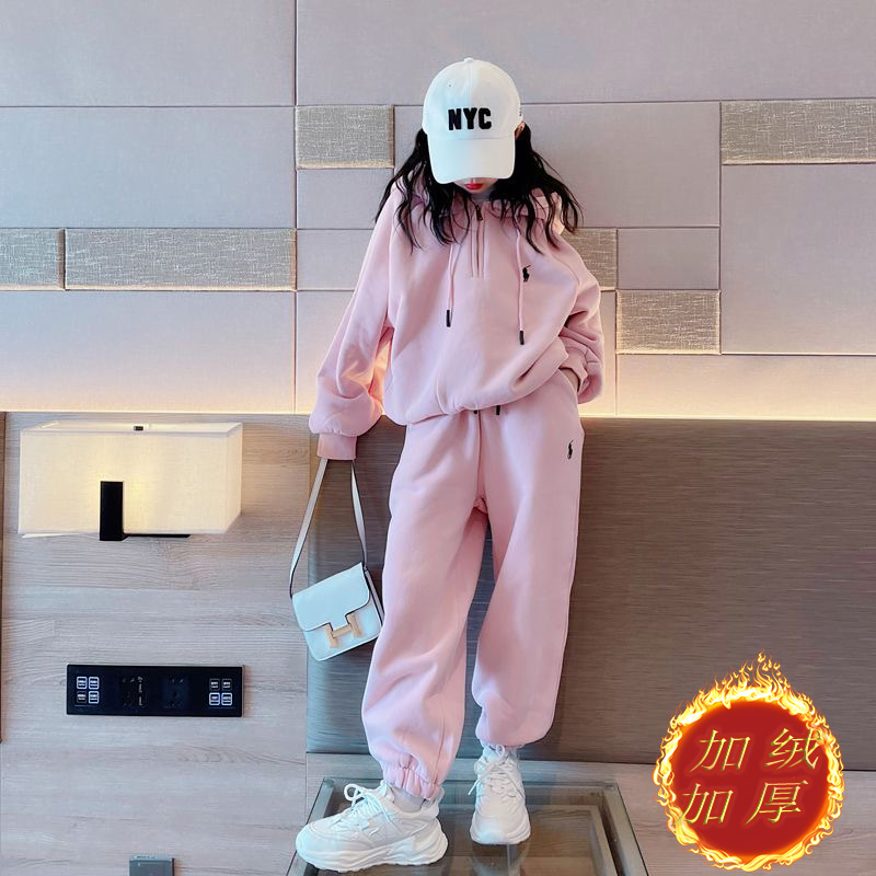 女童套裝秋冬裝2023新款兒童洋氣加絨衛衣女大童加厚運動兩件套潮