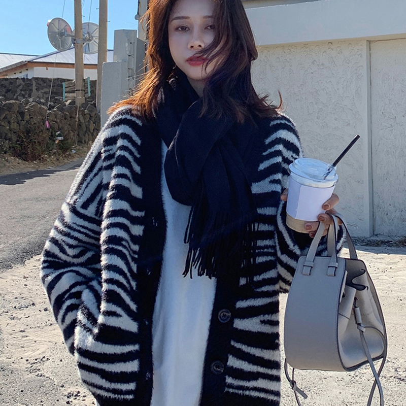 黑白條紋毛衣外套開衫女慵懶風寬鬆秋冬天網紅加厚針織衫復古外衣