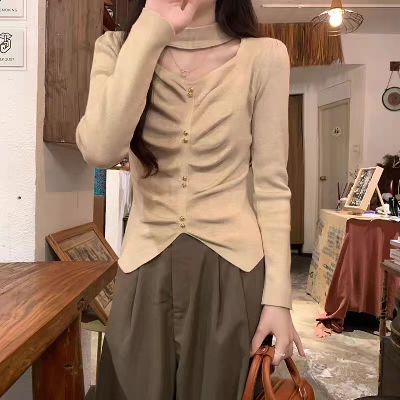 秋季法式方領純色單排扣設計感簡約修身內搭打底衫針織衫上衣