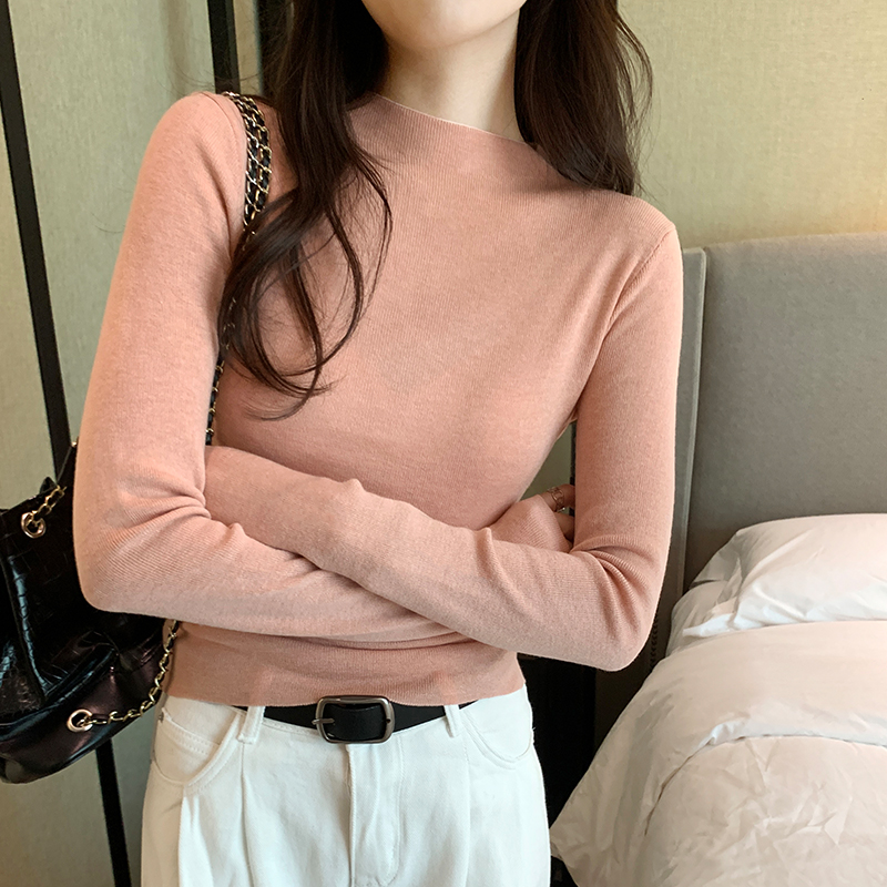 實拍圖薄款圓領長袖針織衫女秋冬2023年新款軟糯彈力內搭打底上衣