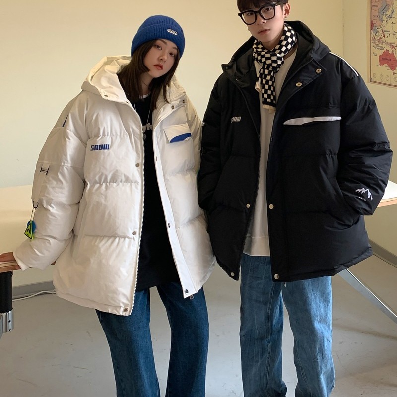 American trendy brand street hip-hop simple color-blocked hooded cotton coat for women loose casual warm bread coat cotton jacket