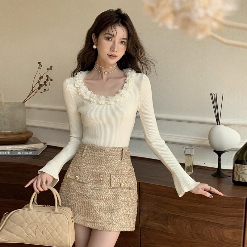 品質法式高級感立體花朵針織衫上衣女秋冬打底衫漂亮毛衣