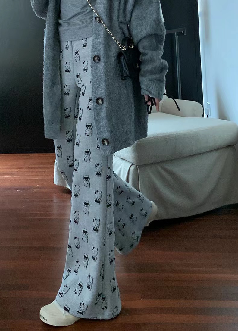原版提花380克官方灰色卡通拖地褲女休閒長褲直筒微喇叭女