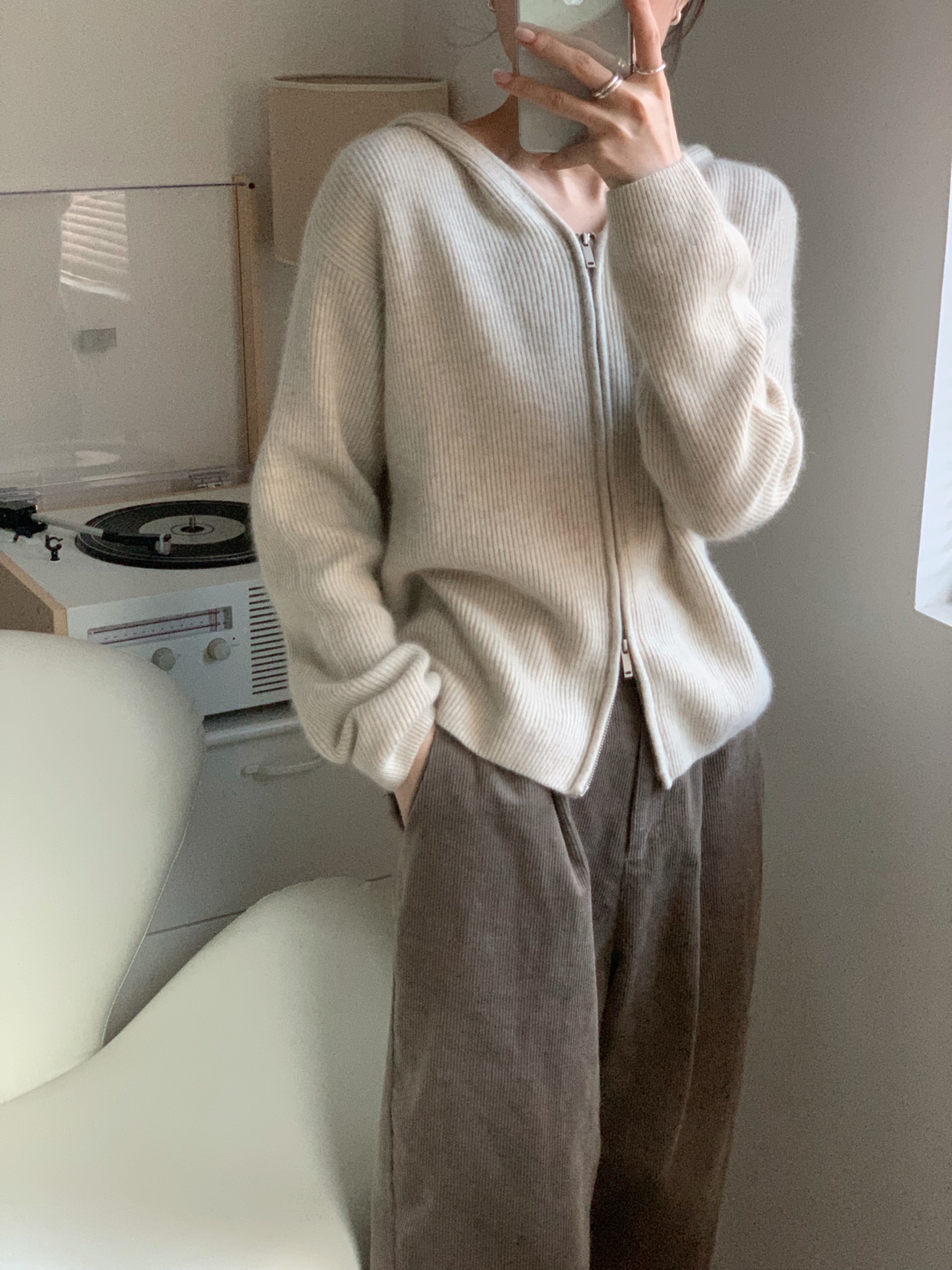 韓版新款氣質寬鬆慵懶風韓連帽純色針織開衫拉鏈外套羊絨毛衣女