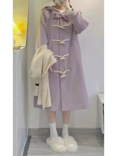 Purple horn button woolen coat for women 2023 new autumn and winter Korean style small college style thickened woolen coat