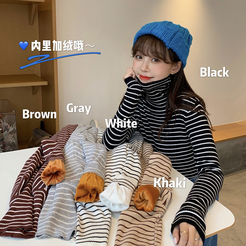 2023秋季百搭小個子洋氣內搭春秋條紋高領加絨加厚打底衫女秋冬