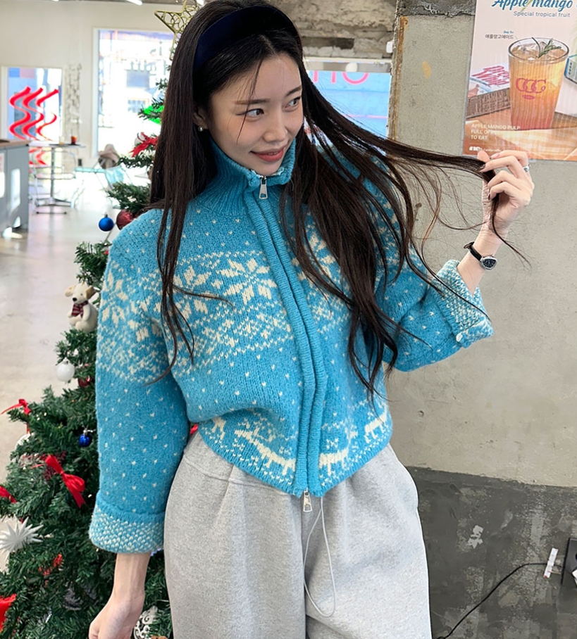 INS Korea Dongdaemun!  Retro jacquard sweater design with western style niche zipper stand collar sweater jacket