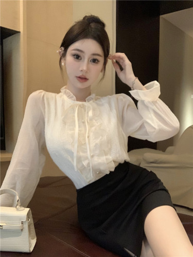 Real shot of lace chiffon shirt French pleated fungus lace-up stand-up collar long-sleeved shirt for women's autumn and winter inner wear