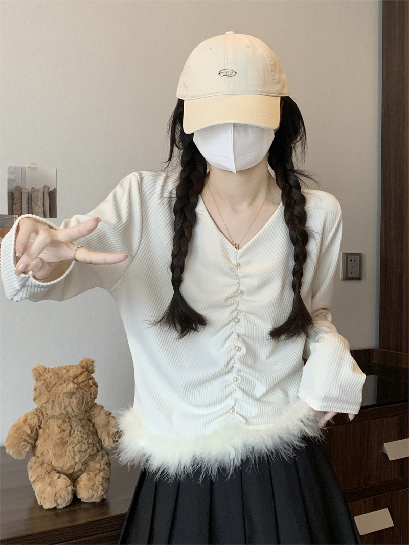 實拍 秋冬設計感褶皺長袖t恤女洋氣百搭顯瘦上衣打底衫