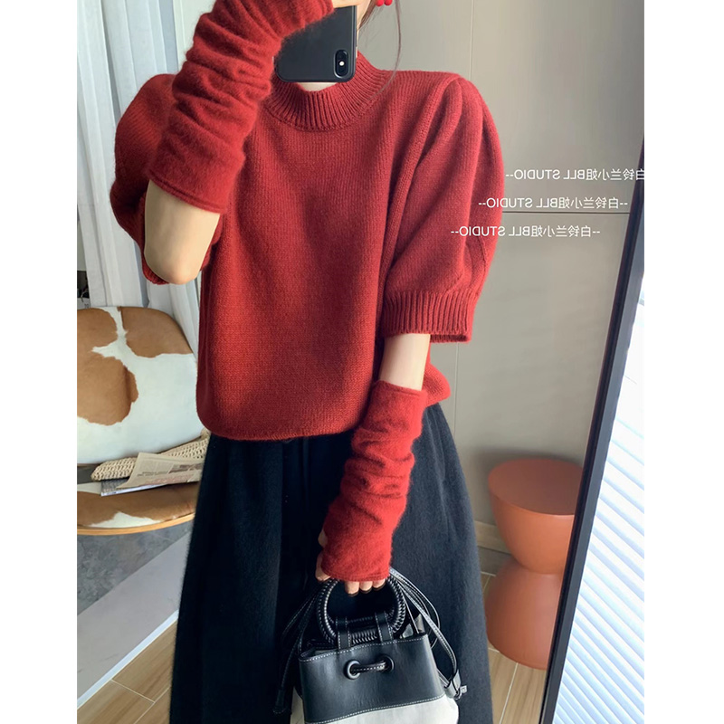 復古紅色浣熊絨袖套毛衣女秋冬設計感短款泡泡袖針織衫