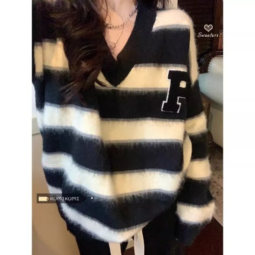 Autumn and winter lazy style V-neck letter casual loose lazy style striped pullover sweater for women