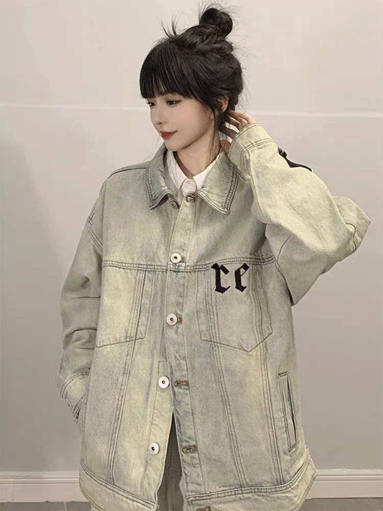 水洗黃泥牛仔外套女夏季美式復古hiphop西海岸十字架工裝夾克潮牌