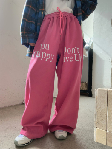 Actual shot of autumn and winter plus velvet, lazy and versatile casual thigh letter Korean style wide-leg sweatpants