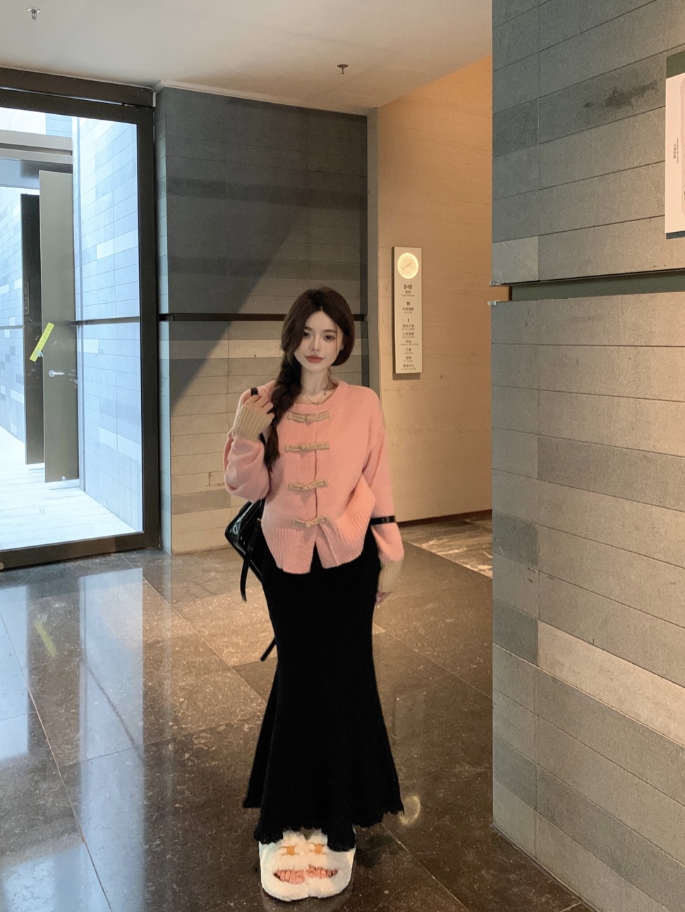 實拍 復古新中式慵懶風軟糯盤扣毛衣外套+加厚魚尾針織半身裙