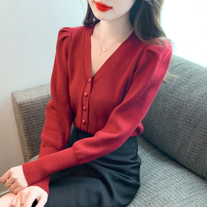 實拍2023新款韓版套頭泡泡袖修身時尚氣質V領打底衫針織衫上衣