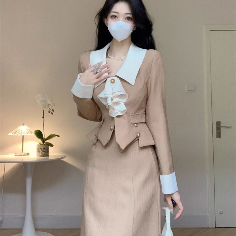 法式撞色氣質長袖西裝外套中長款半身裙女秋季2023新款時尚兩件套