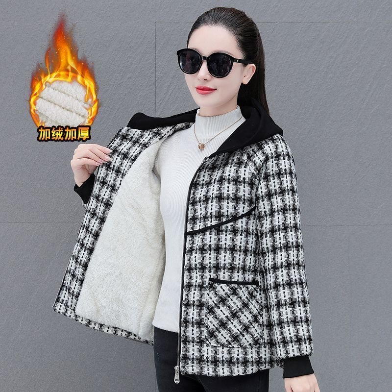 Thick velvet women's winter sherpa jacket casual versatile hooded short cotton coat women's plaid jacket top