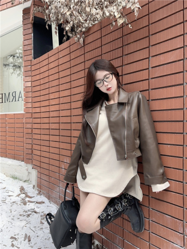 Real shot ~ Hong Kong style pu leather jacket women's new style  small short motorcycle jacket for women