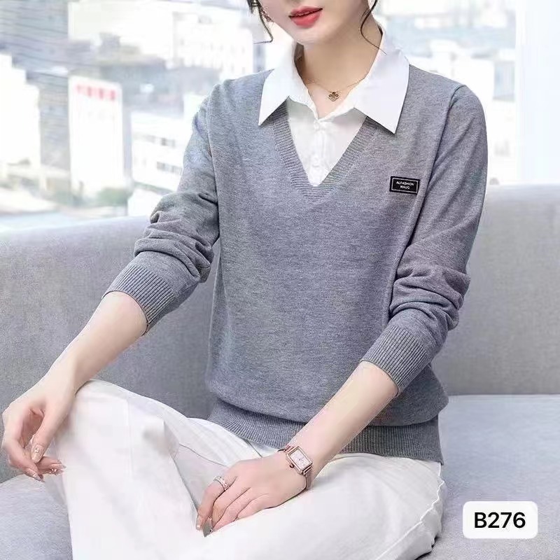 毛衣女士2023新款針織假兩件襯衫領秋冬打底上衣洋氣時尚