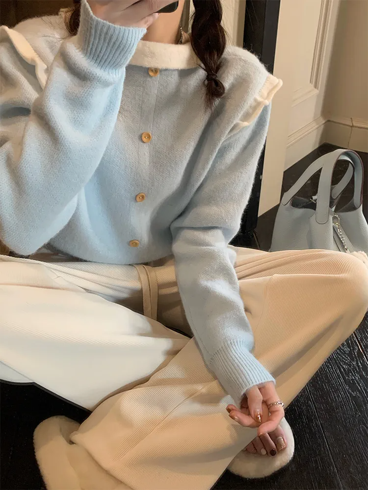 天貓品質奶fufu慵懶毛衣秋冬拼色長袖圓領後背單排扣設計上衣