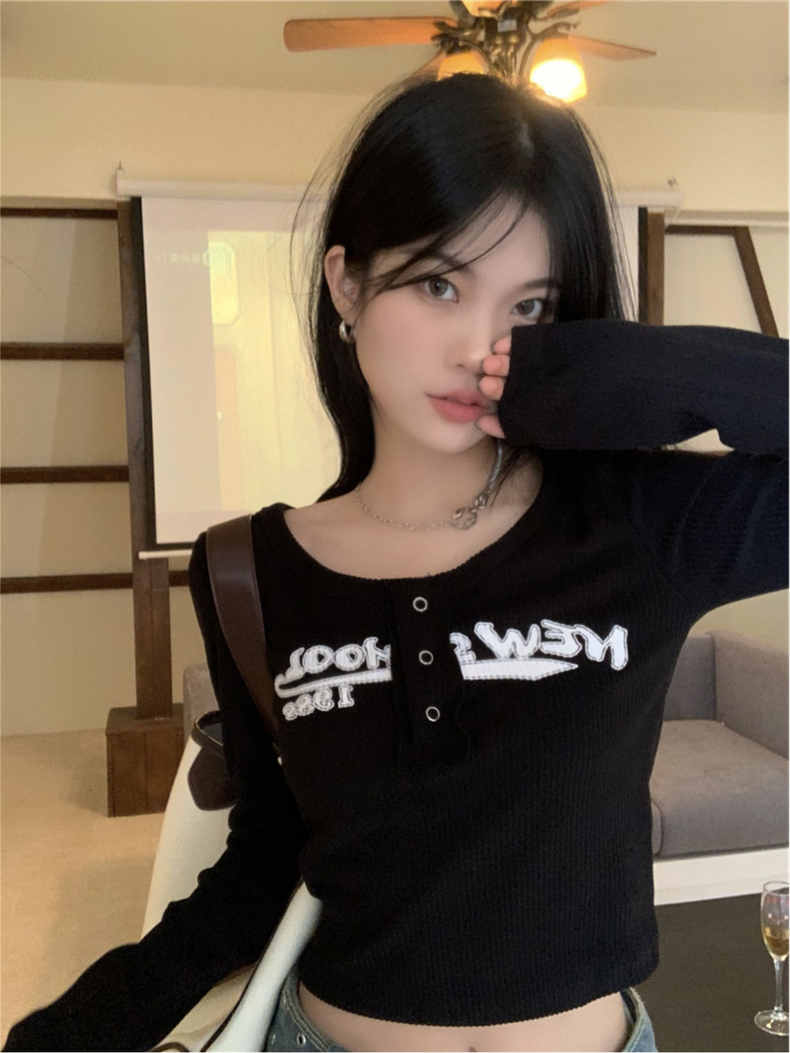 美式性感辣妹t恤女春秋設計小眾內搭修身顯瘦打底衫短款長袖上衣