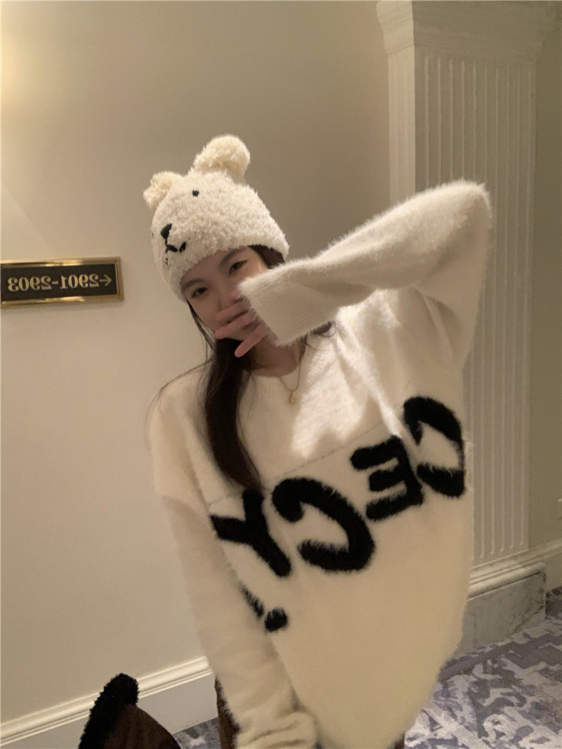 實拍 原創 甜系少女軟糯糯字母提花圓領加厚仿貂毛寬鬆毛衣