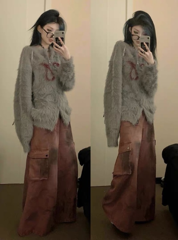韓版hiphop毛茸茸拉鏈開衫毛衣女秋冬寬鬆慵懶風bf軟糯加厚針織衫