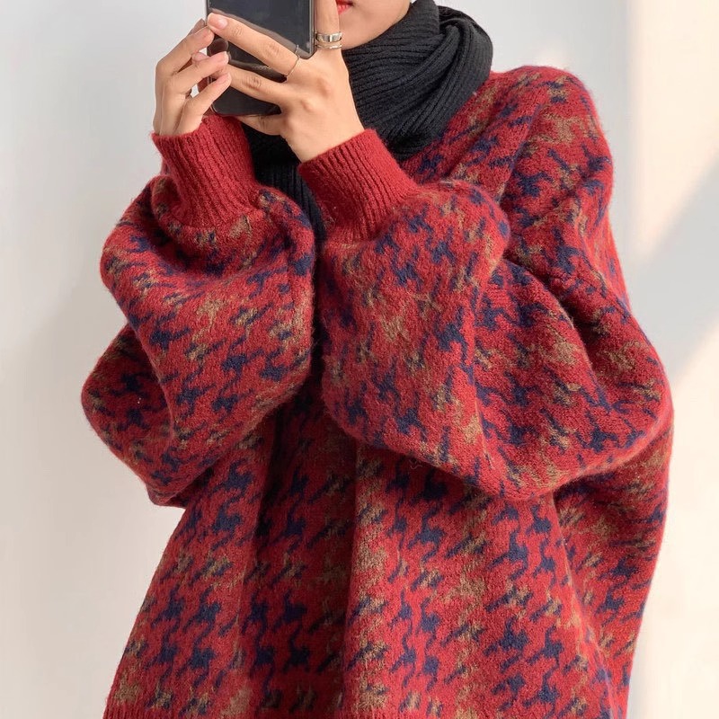 紅色半高領千鳥格毛衣女冬季秋冬外穿設計感小眾慵懶風針織衫上衣