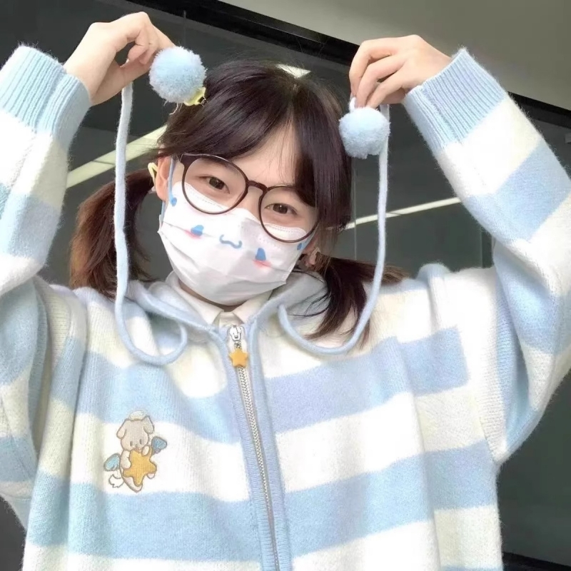 奶fufu藍色條紋天使小狗毛衣外套女秋冬溫柔連帽拉鏈針織開衫上衣