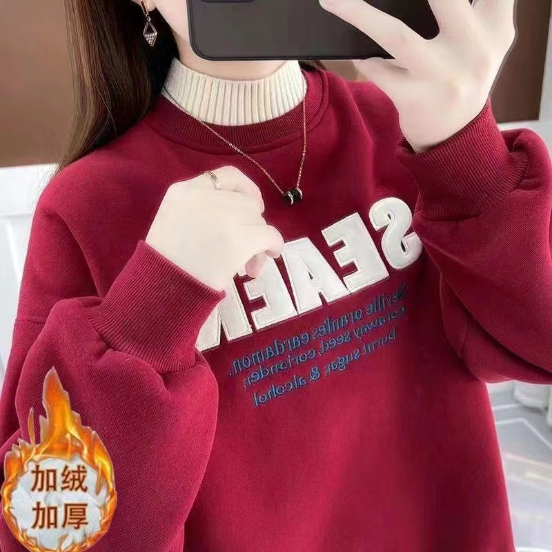 半高領加絨加厚衛衣女2023年新款秋冬上衣女設計感小眾