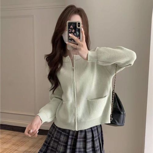 Autumn and winter new Korean style knitted cardigan for women new Korean style slimming solid color double zipper jacket top for women