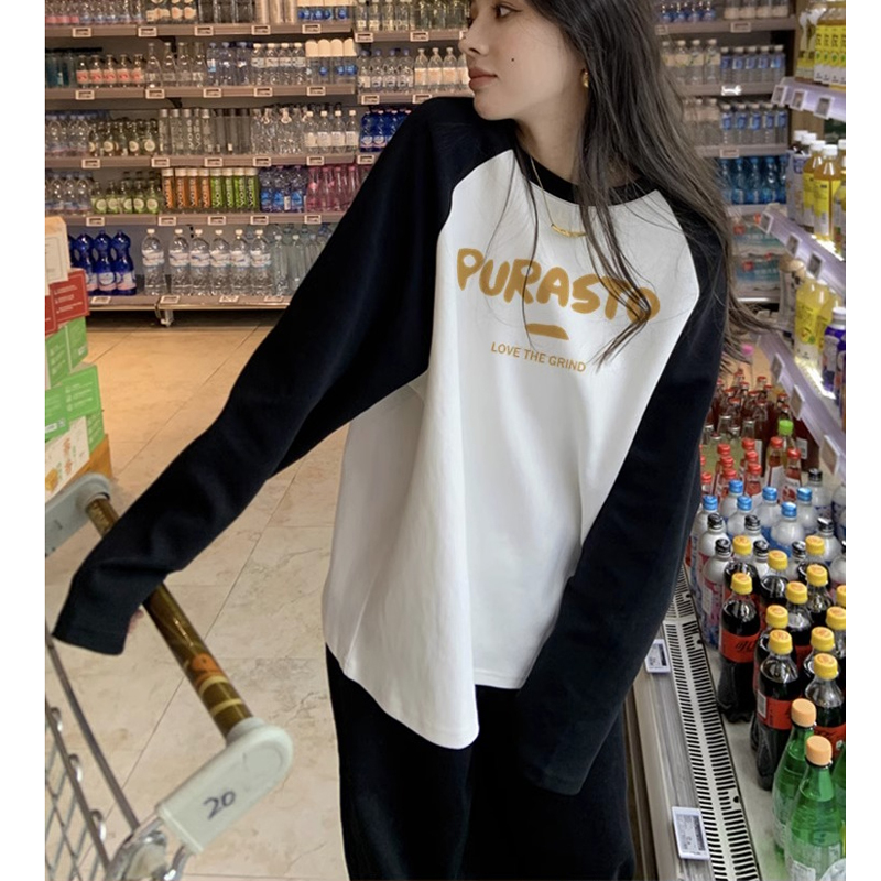 春秋季新款純棉長袖t恤女設計感小眾上衣撞色寬鬆減齡打底衫