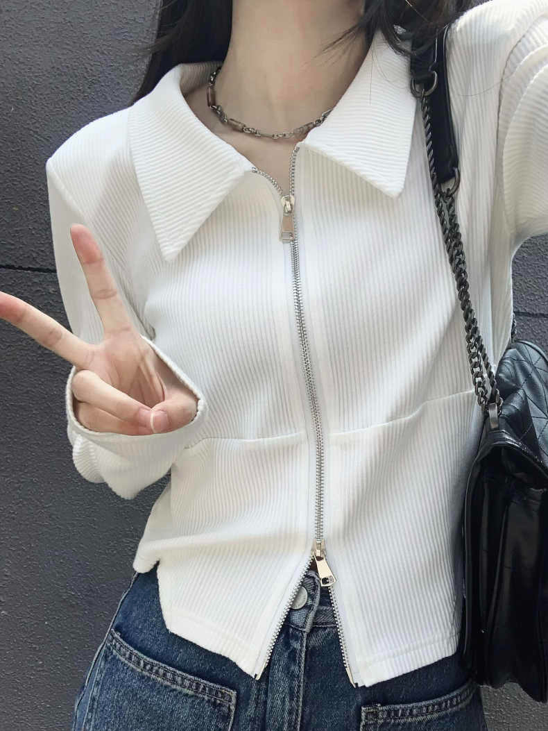 This year's popular beautiful shirt Polo collar short long-sleeved T-shirt for women 2023 autumn slim sweater top