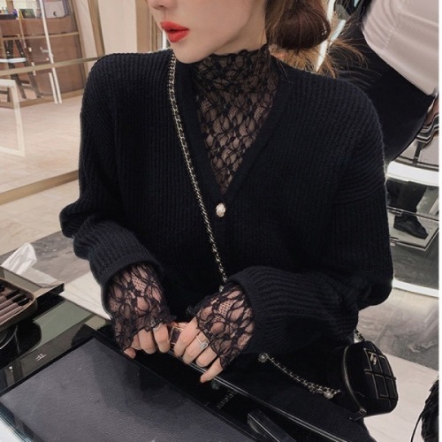 Half turtleneck lace bottoming shirt for women in autumn and winter with fur lining and western-style gauze mesh top to keep warm