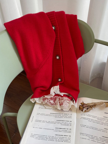 圣诞红色毛衣外套女秋冬新款假两件针织开衫蕾丝边打底衫上衣