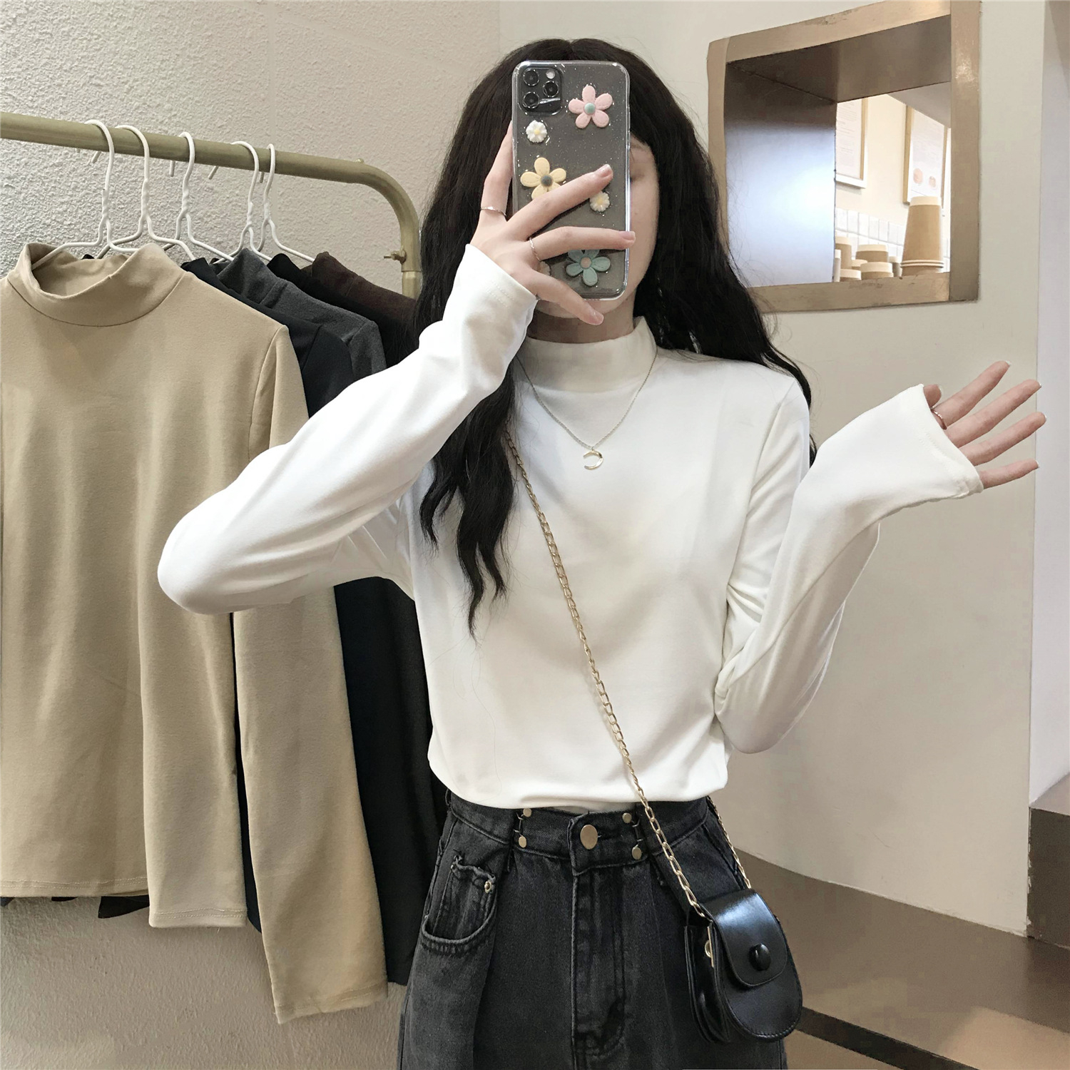 德絨 時尚超火秋季新款半高領打底衫女長袖T恤女內搭修身顯瘦上衣