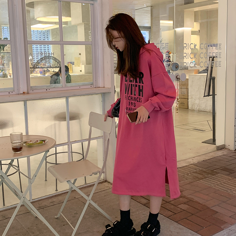 長款過膝衛衣裙秋冬連帽衛衣裙女寬鬆加絨加厚長款過膝連衣裙外套