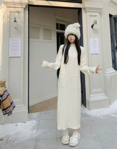 Actual shot of new autumn and winter style ~ half turtleneck knitted long-sleeved dress for women Korean style loose casual solid color skirt