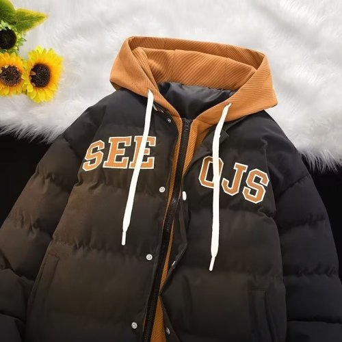 2023 new fake two-piece cotton-padded jackets, men's and women's teenagers' winter high school students' trendy hooded cotton-padded jackets