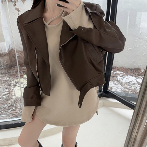 Real shot ~ Hong Kong style pu leather jacket women's new style  small short motorcycle jacket for women