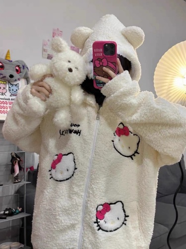 Original sherpa Hello Kitty Hello Kitty coat for women autumn and winter new thickened embroidered loose cotton jacket