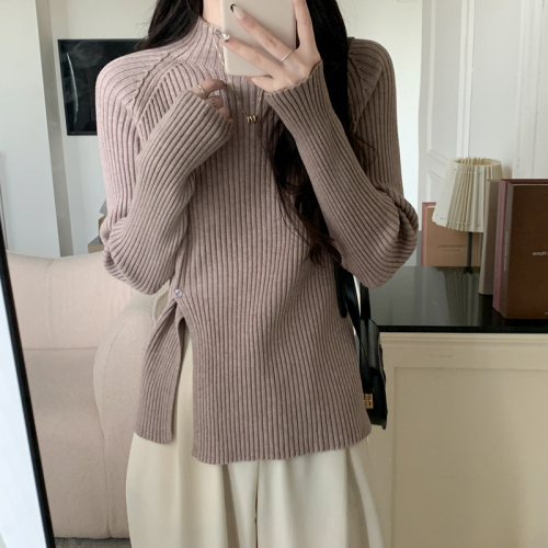 韩国半高领加厚保暖套头毛衣设计纽扣长袖开叉针织衫女