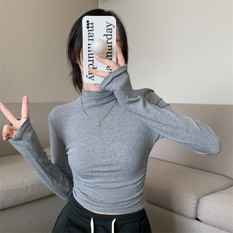 時尚超火新款半高領打底衫女修身T恤秋季韓版內搭長袖短款上衣潮
