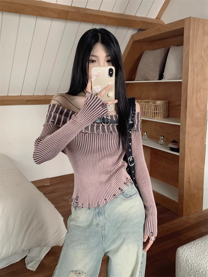 Hot girl style one-shoulder long-sleeved sweater for women early autumn 2023 new design slim and slim short top trendy