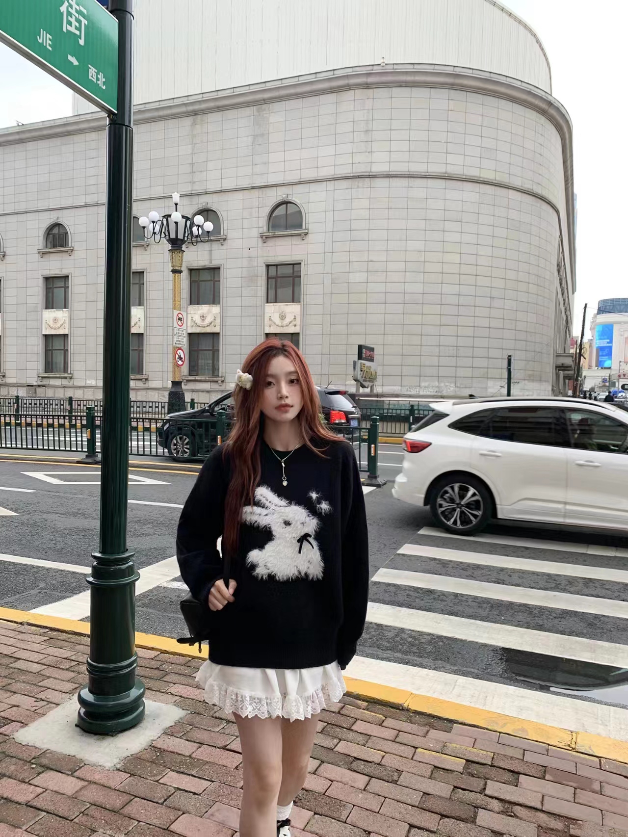 初夢POKEMENG 小奶兔 套頭毛衣針織衫女秋季長袖外穿寬鬆毛衣甜妹