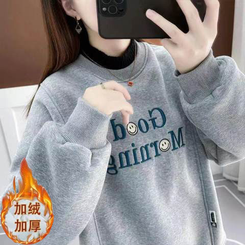 Autumn and winter clothing 2023 new half turtleneck plus velvet thickened sweatshirt women's all-in-one velvet top winter loose and age-reducing super thick
