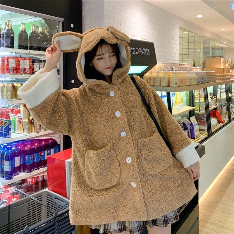 Double-layer hat S to 4XL 2023 new autumn and winter imitation lamb velvet women's rabbit ears long-sleeved loose versatile jacket