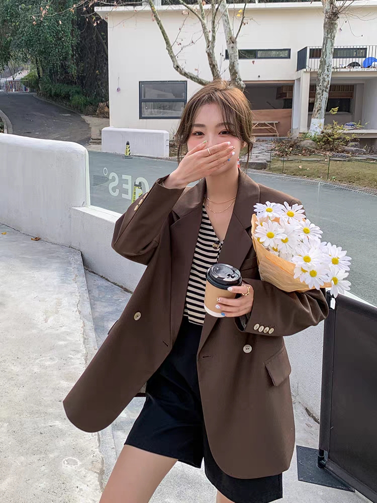 Brown suit jacket for women small 2023 new spring and autumn loose casual high-end design niche small suit