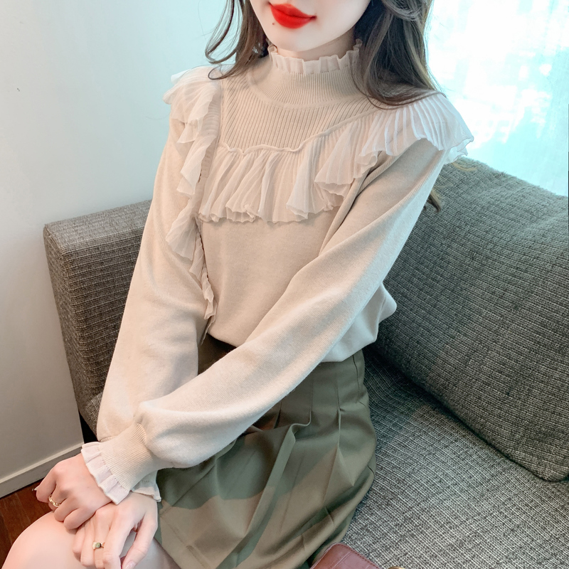 實拍2023秋冬新品荷葉邊針織衫打底上衣半高領設計感長袖毛衣女